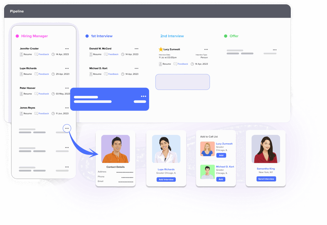 RecruiterPM hiring pipeline kanban board with interview stages