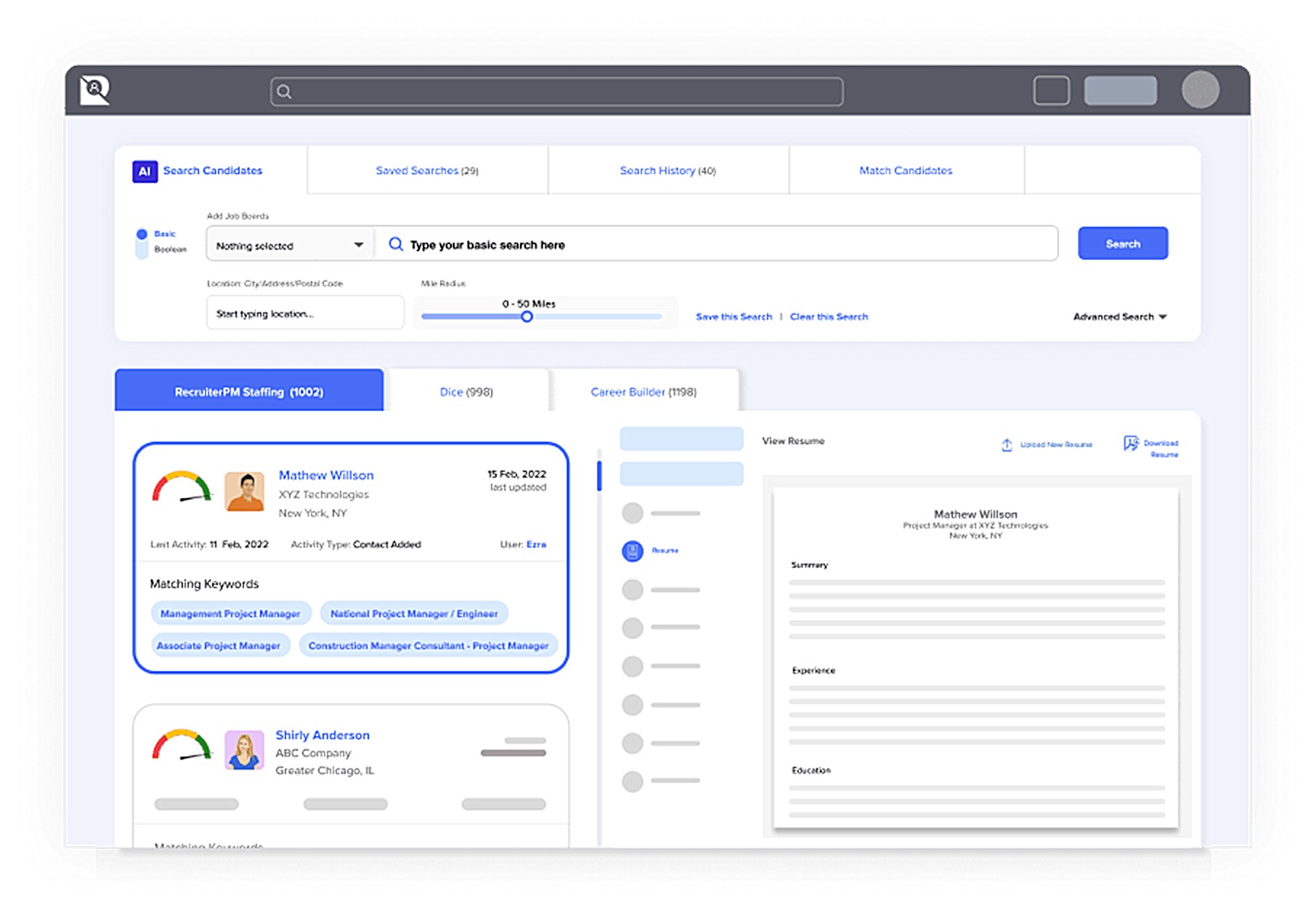 RecruiterPM candidate search results, each applicant scored against the job with matching keywords and a resume preview